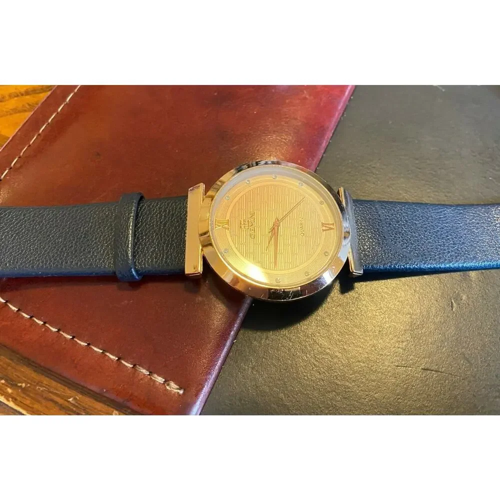 Women's 43mm Gold Tone Gemini Watch, Crystal Accented Face, Black Band